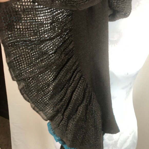 Teal & Black Ruffled Knit Artistic Scarf — Statement Layering Piece - Picture 8 of 13